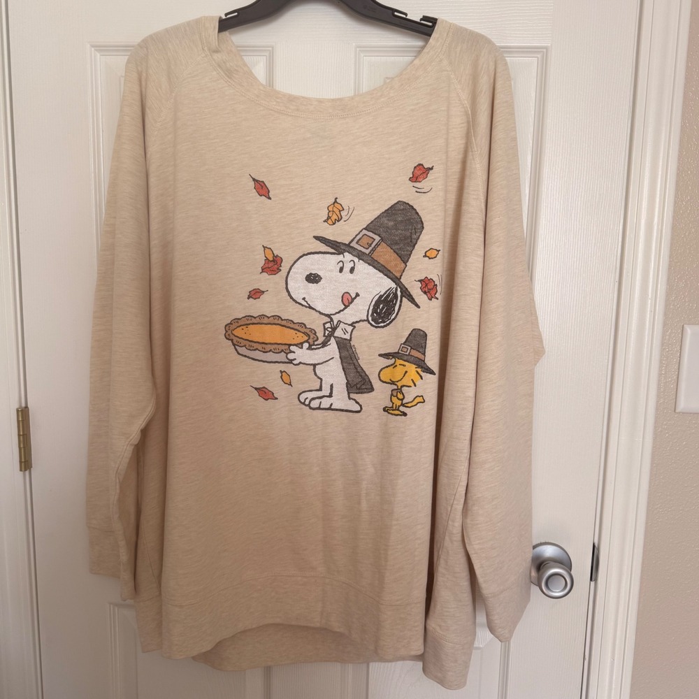 Instant Message Peanuts Snoopy Thanksgiving Pilgrim Sweatshirt Beige 4XW Plus